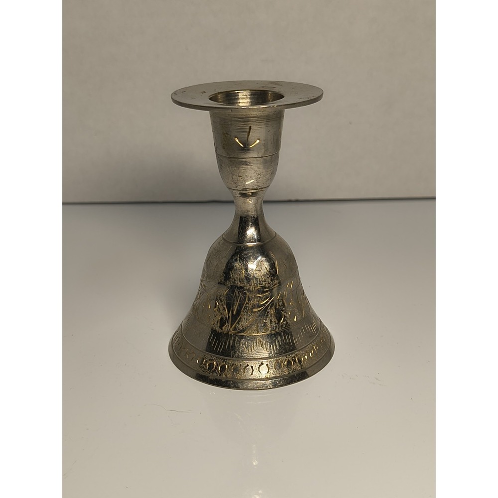 Vintage Metal Candle Stick Holder Dinner Bell Etched Silver Plate‎ Brass India